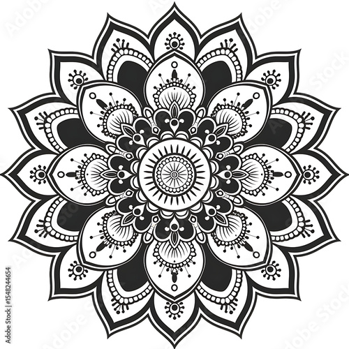 Black white flower mandala artwork isolated on transparent background