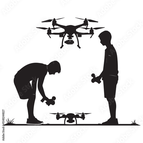 Two boys operating and controlling a drone silhouettes