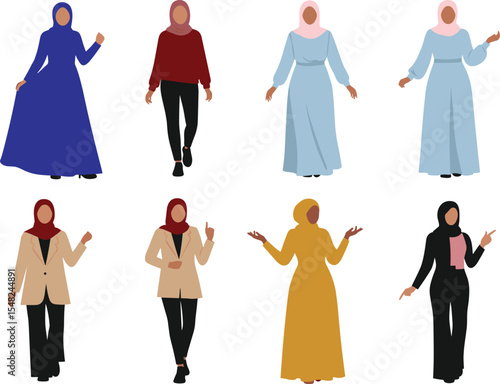 Hijabi women illustrations, diverse poses collection, modern Muslim fashion, modest clothing styles, cultural attire design, professional and casual outfits