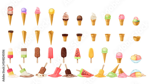 Collection of colorful ice cream cones and popsicles in digital illustration. Includes waffle cones, chocolatecovered treats, and scoops in bowl. Bright summery colors depict pleasant and sweet theme.