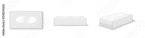Realistic 3D render of a white cardboard box. Shown in different angles and perspectives. Ideal for packaging design. Plain background highlights product features.
