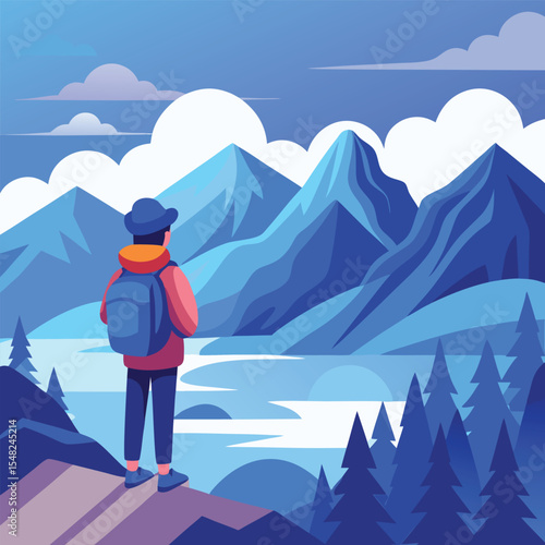 Woman Hiker Watching Snowy Mountain View in Winter Scene