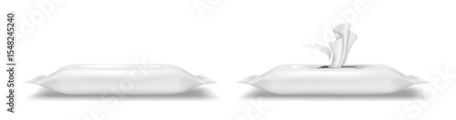 Two realistic packages of white wet wipes on a plain white background. The first package is sealed, while the second shows wipes being pulled out. Useful for hygiene products branding.