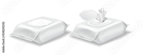 Realistic illustration of wet wipes packaging. Simple and clean design in white tones. Depicts hygiene and convenience, suitable for branding or advertising purposes.