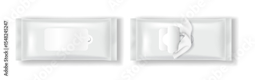 Realistic packaging mockup of wet wipes in white. Perfect for hygiene product presentations. Clean and minimal design suitable for branding on white background.