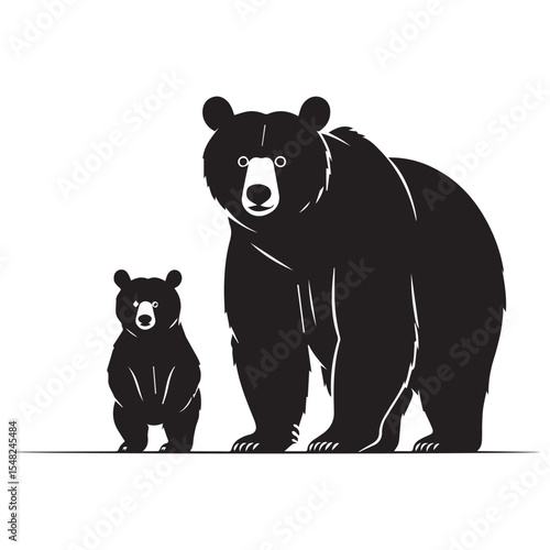 Silhouette of a mother bear and cub