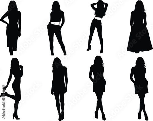 Fashion model silhouettes, stylish female poses, black vector artwork, elegant dress designs, modern outfit illustration, runway-inspired graphic, confident women collection, chic fashion concept