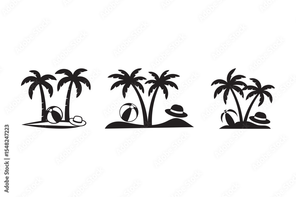 Obraz premium Palm Tree Beach Silhouette Icon Set with Summer Elements
