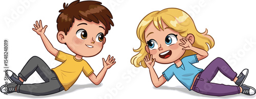 Happy Diverse Children Waving and Smiling, Illustrating Friendship, Playfulness, Childhood Joy, and Interactive Learning in a Vibrant, Engaging Cartoon Style for Educational Designs.