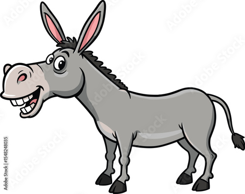 Happy Cartoon Donkey Smiling Widely, Featuring a Cheerful Gray Farm Animal Character with Large Ears, Expressing Fun, Friendliness, and Whimsical Farm Life.