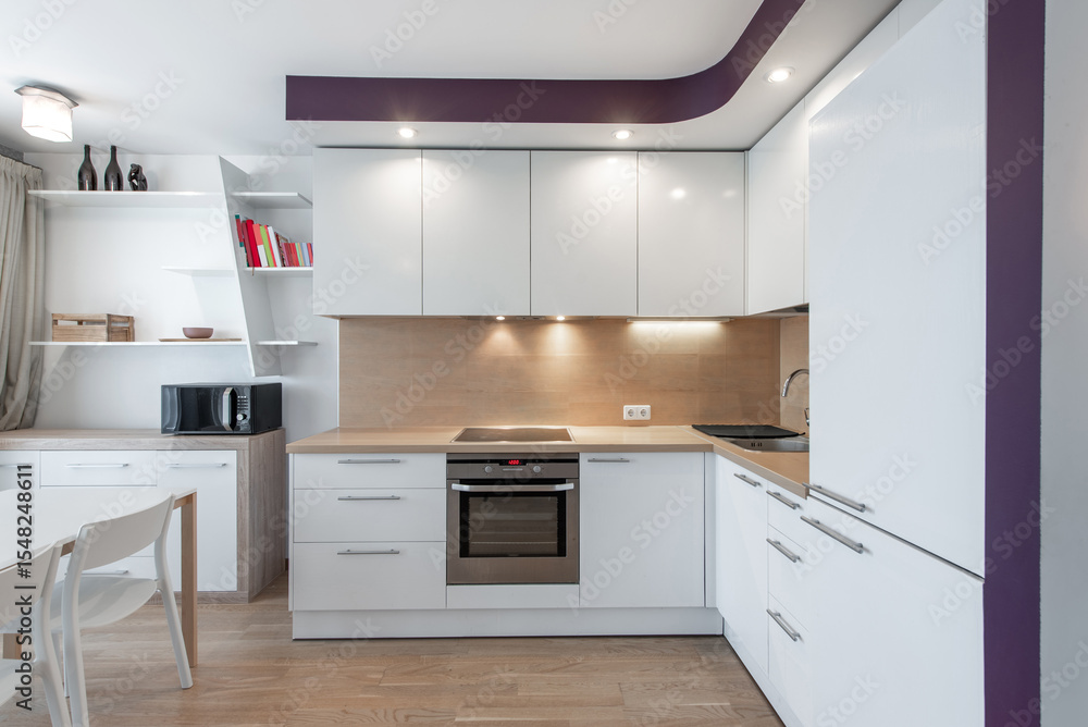 Fototapeta premium Modern Home White Kitchen Interior With Minimalistic Design and Wooden Floor Details