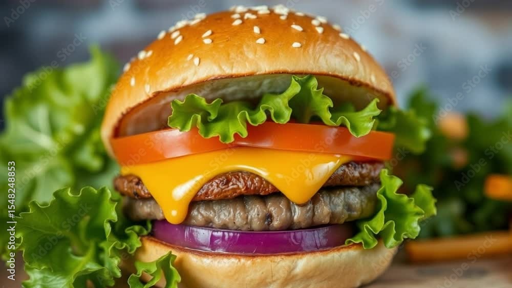 Juicy Cheeseburger with Lettuce Tomato Onion on Sesame Bun Juicy Cheeseburger with Lettuce Tomato Onion on Sesame Bun