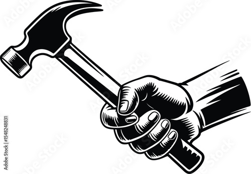 A graphic illustration of a hand firmly gripping a hammer against a plain white background surface