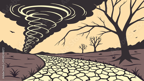 Arid desert landscape with a lone, cracked dead tree under a blazing sun, showcasing the harsh, dry earth and barren ground