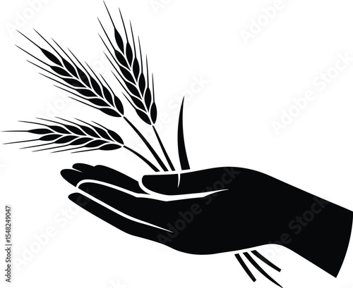 A stylized black silhouette of a hand holding several stalks of wheat against a white background