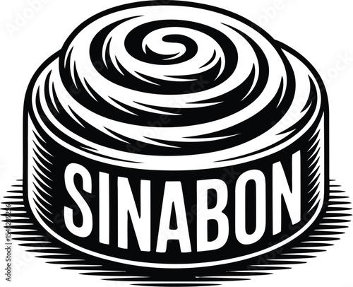 A black and white graphic illustration of a sinabon cinnamon roll logo on a cream colored background