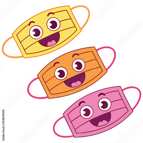 Three colorful cartoon face coverings with smiling expressions float on a transparent background