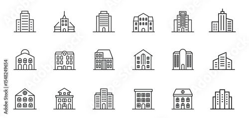 Building minimal thin line web icon set . Bank, Hotel, Courthouse. City, Real estate, Architecture buildings icons. Hospital, town house, museum. Urban architecture, etc, vector illustration.