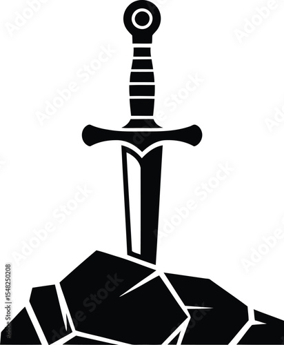 A black and white illustration of a sword stuck in a rock on a white background simple and clean