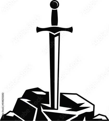 A black and white illustration of a sword stuck in a rock on a plain white background image art