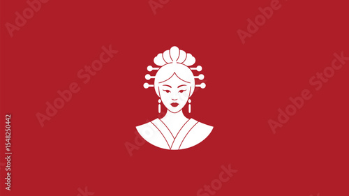 White stylized geisha portrait with traditional hairstyle and kimono on a plain red background design