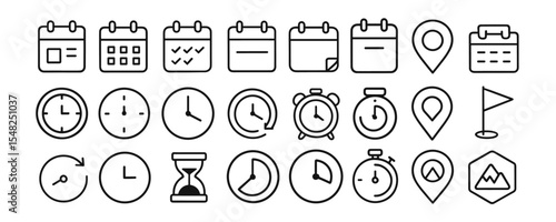 Time and location icons, hourglass, calendar, clock, pin, flag, stopwatch, globe pointer, minimal line style for maps, schedule planner, interface ui pack, vector illustration.