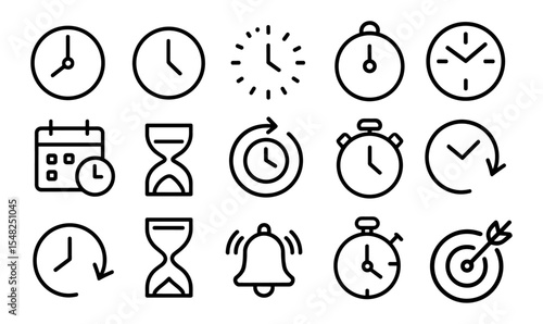 Clock and timer icon set. Stopwatch, hourglass, alarm, countdown, wall clock, schedule, time tracking, reminder, analog, vector illustration, time icon collection, png.