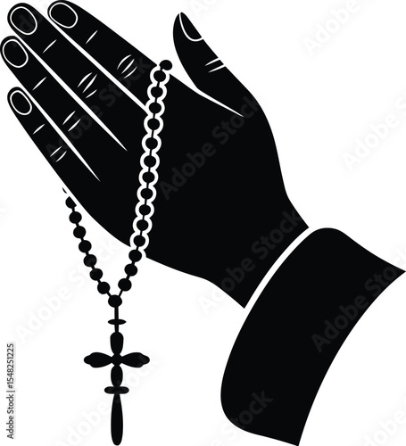 A black and white illustration of a hand holding a rosary with a cross on a white background design