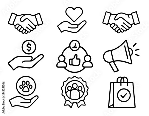Business marketing icon set, agreement, handshake, donation, partnership, money, sponsor, megaphone, purchase, social media, communication, finance, png, vector illustration.