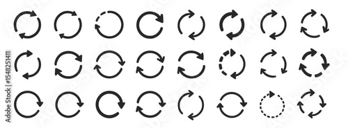 Circle arrows icon set, round rotate symbol, reload sign, repeat arrow icon, refresh loop, curved direction, circular motion, vector illustration, cycle, sync, flat png.