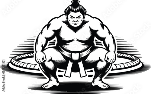 A black and white illustration of a sumo wrestler in a crouching position inside of a sumo ring area