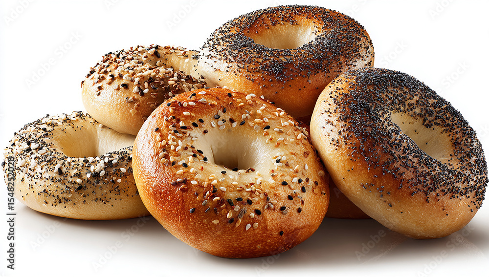 A group of bagels with poppy seeds and sesame seeds, isolated on a white background A group of bagels with poppy seeds and sesame seeds, isolated on a white background