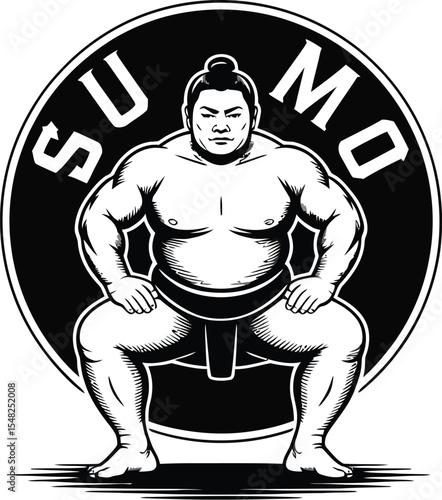 A monochrome illustration of a sumo wrestler in a traditional stance inside a circular emblem design