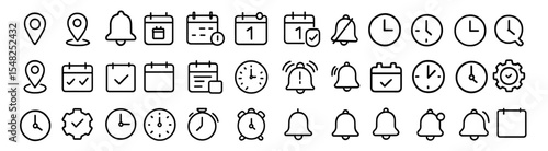 Date Time Address icon set, calendar, location pointer, alarm bell, notification, alert, schedule, clock, reminder, event planning, meeting, vector illustration.
