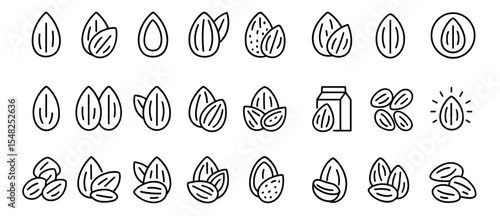 Almond icon set, nut vector illustration, healthy snack, organic food, natural ingredient, vegetarian, vegan food, raw nuts, superfood, plant based, vector illustration.