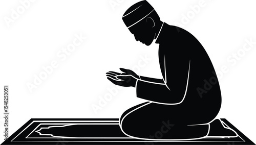 Silhouette of a muslim man in prayer kneeling on a prayer rug with hands raised in supplication art