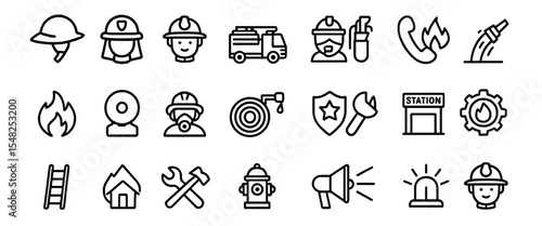 Firefighter icon set, fire department symbol, emergency rescue service badge, vector illustration, firefighter tools, fire engine, protective gear, safety sign, emergency equipment.