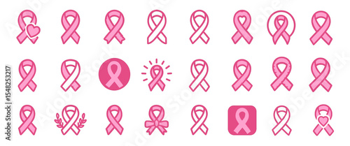 Pink ribbon icon set, breast cancer awareness symbols, isolated on white, health support vector illustration, oncology emblem, charity sign, cancer prevention awareness, hope, medical campaign.