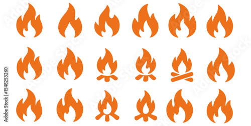 Flame silhouette icons set, bonfire, fire shapes, blaze symbols, flat burning flames vector illustration, wildfire icon collection, ignition symbol, combustion graphics, vector illustration.