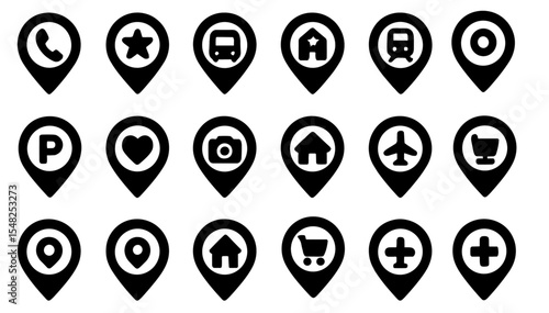 Location map icon set with pointers, parking, camera, supermarket, hotel, terminal, telephone, heart, bicycle, airplane, station, restaurant, navigation, vector illustration, city guide, travel map.