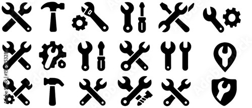 Wrench and screwdriver, hammer tool icons set, adjustment wrench, repair settings gear, maintenance toolkit concept, mechanic instrument, vector illustration, service symbol, equipment, labor tools.