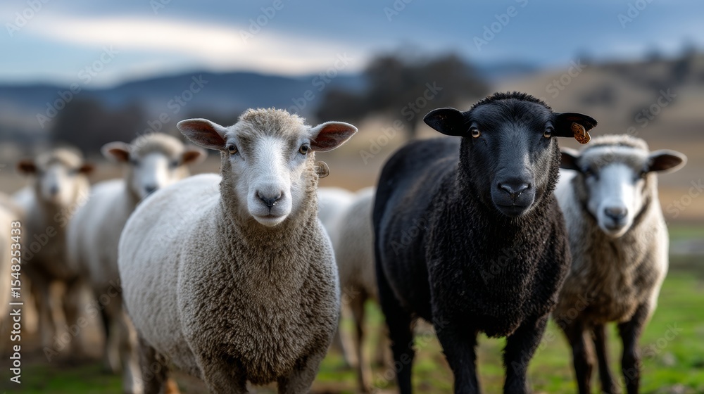 Fototapeta premium White and black sheep in pasture: flock grazing on lush green meadow with hills in background