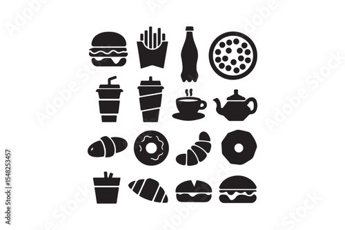 Food Icon Set Fast Food, Snacks, Drinks, and Bakery Silhouettes