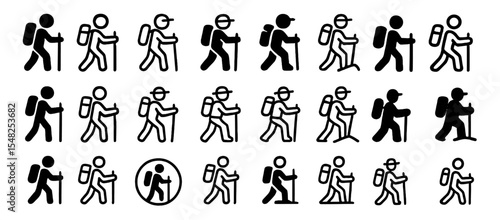 Hiker icon in modern style, hiking gear symbol, trail walking vector, trekking backpack, outdoor exploration, nature adventure, mountain expedition, vector illustration, wilderness activity.
