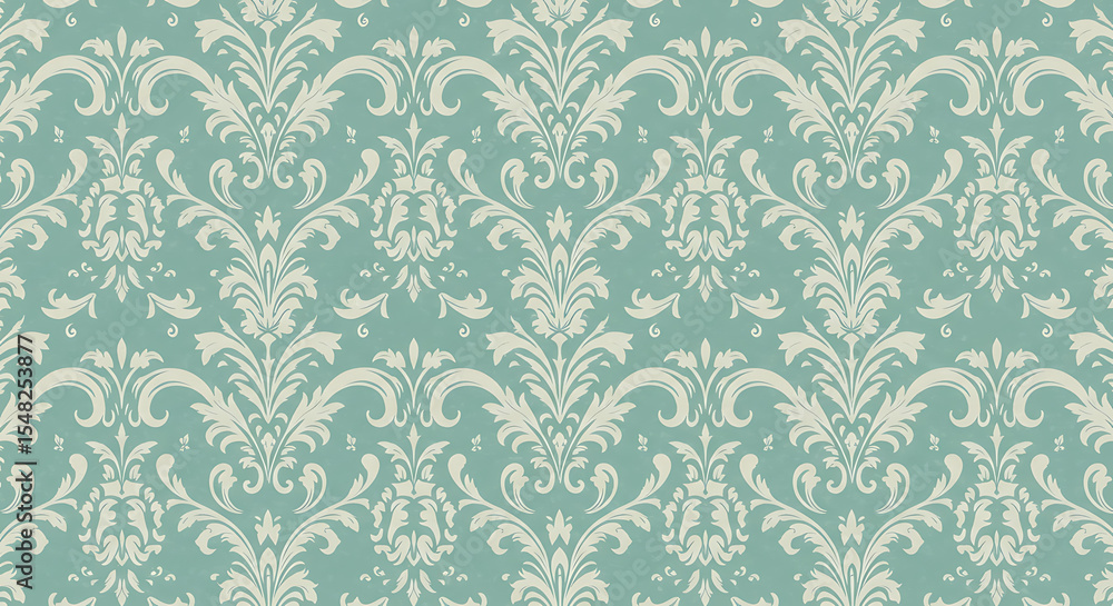 Elegant Damask Pattern in Pale Beige on Turquoise Background, Sophisticated and Classic Aesthetic for Luxurious Interiors and Designs Elegant Damask Pattern in Pale Beige on Turquoise Background, Sophisticated and Classic Aesthetic for Luxurious Interiors and Designs
