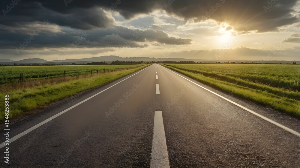 Naklejka premium Empty Countryside Road under Dramatic Sky at Golden Hour – Scenic Rural Landscape