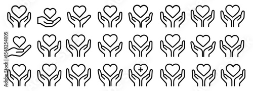 Hands holding heart icon, healthcare hand symbol, heart in palm, medical care logo, hospital aid, wellness concept, first aid, life support, charity help, vector illustration.