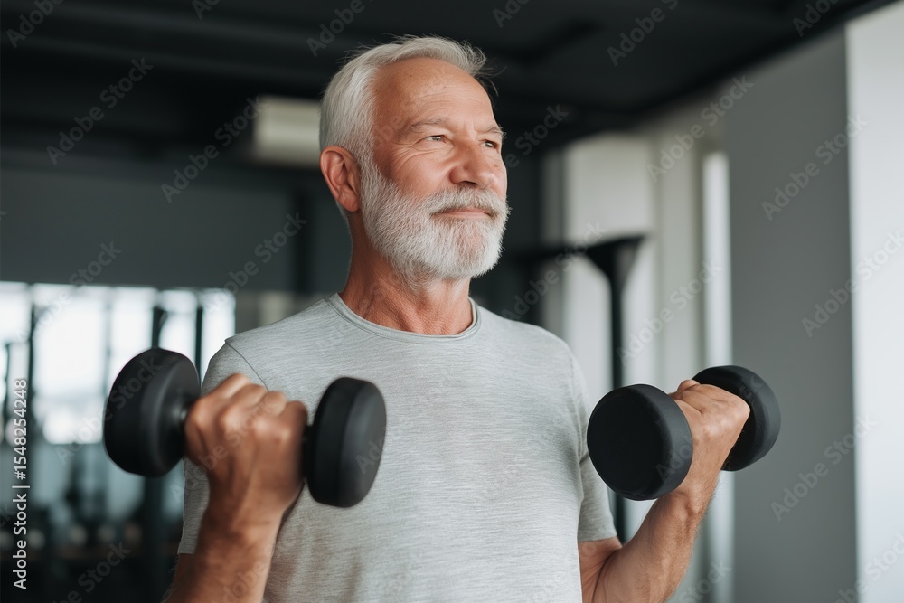 Elderly caucasian male lifting dumbbells in a gym setting Elderly caucasian male lifting dumbbells in a gym setting