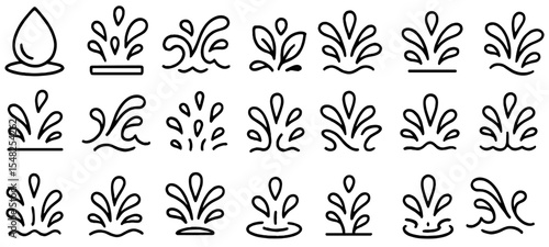 Water splash icon, simple flat style, clean liquid drop vector illustration, modern symbol for nature, aqua, wave, purity, minimal design, hydration, abstract element, wet effect.