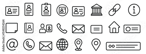Business card icon set, contact icon, communication symbols, identity elements, contact information, professional profile icon, branding symbol, vector illustration, corporate visual, stationery.
